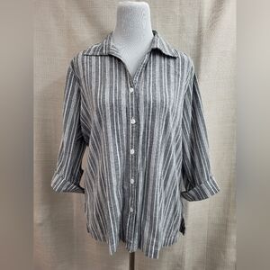 Croft & Barrow Women's Gray White Button Down 3/4 Sleeve Blouse Collar Size Lg